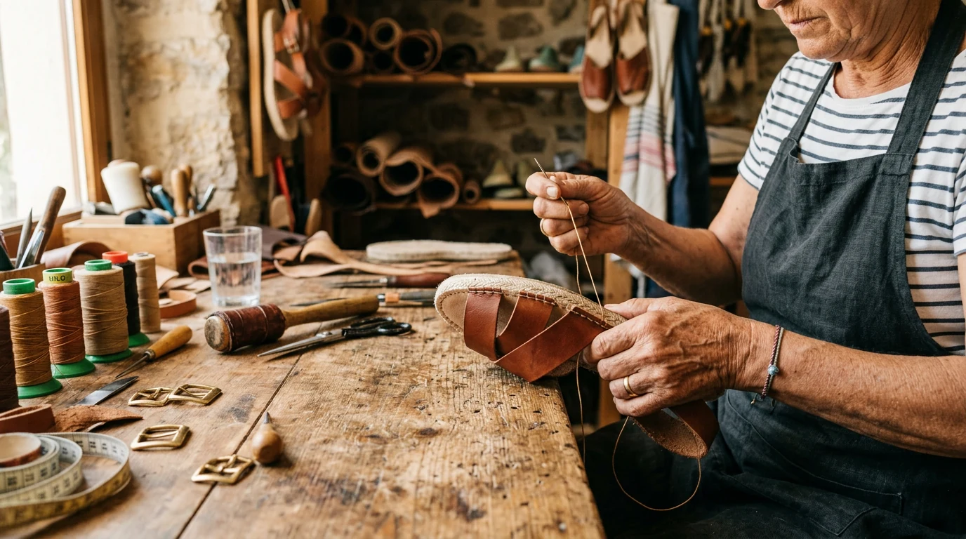 Artisan cousant une sandale en cuir dans un atelier espagnol