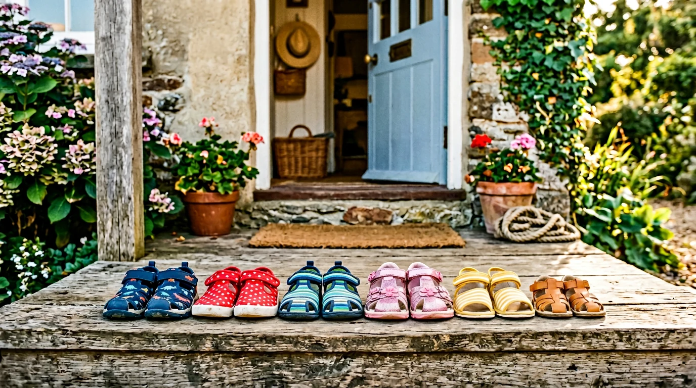 Petites sandales enfants sur le seuil