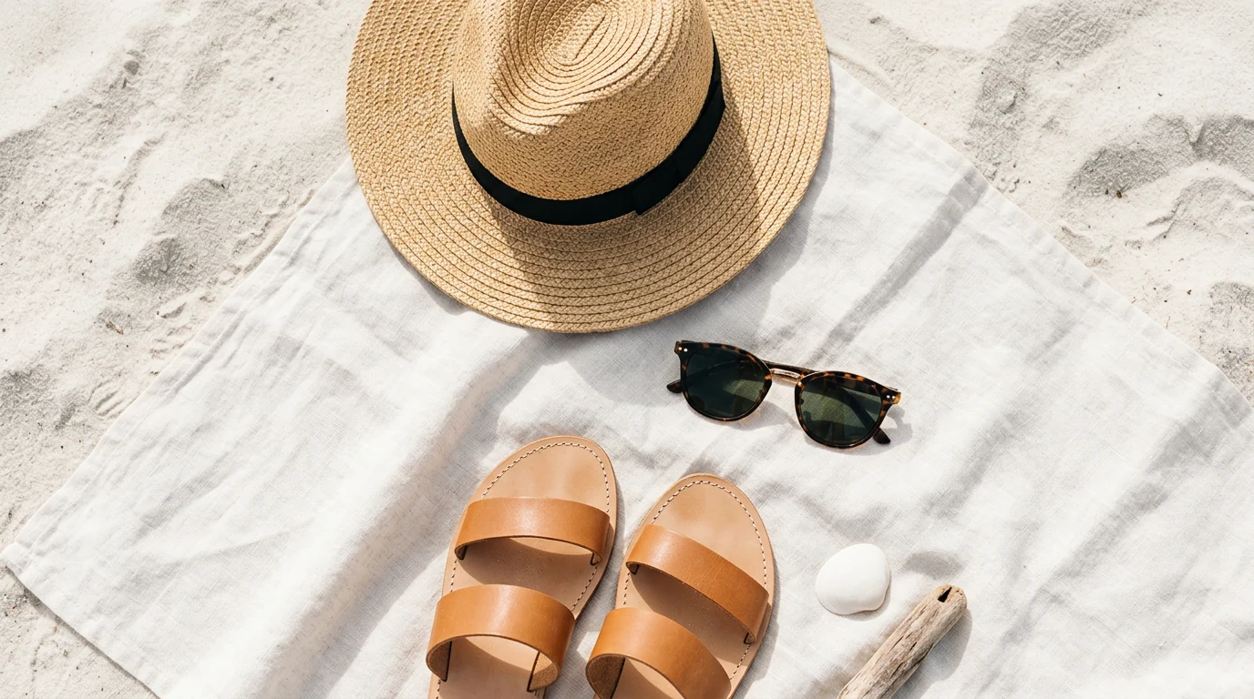 Plat été : chapeau, lunettes et sandales cuir