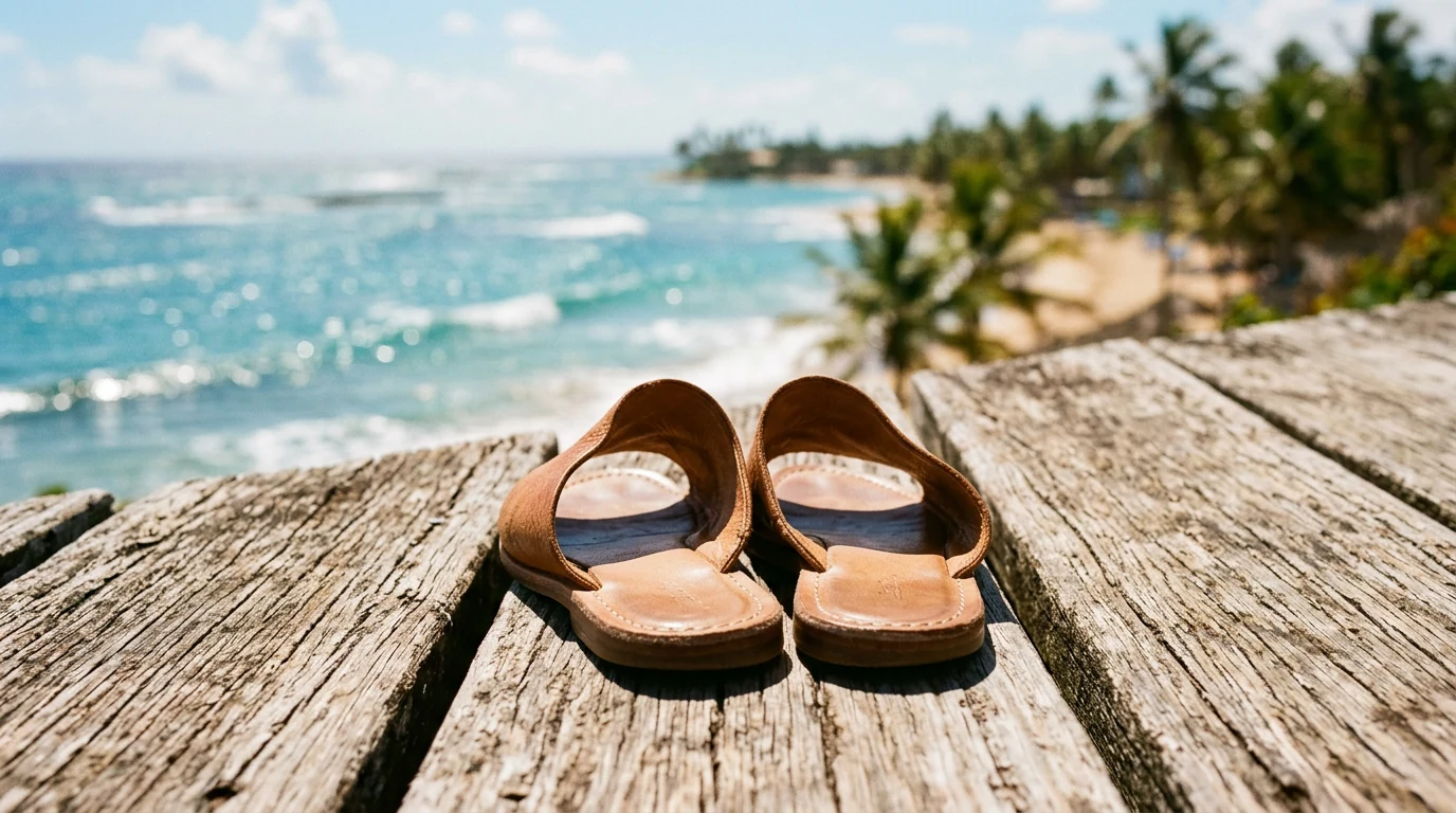 Mules cuir sable sur terrasse bois face à la mer