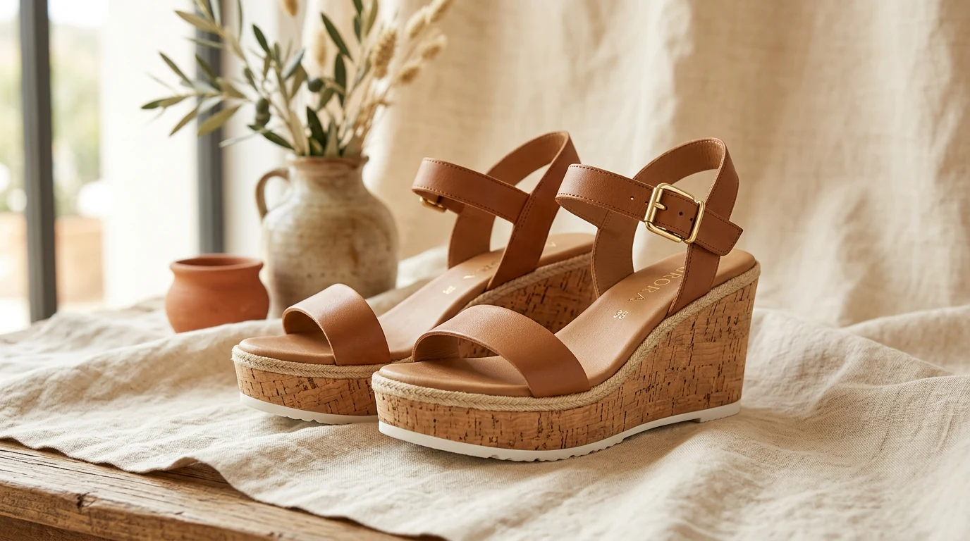 Sandales compensées K. Daques en cuir naturel sur fond lumineux