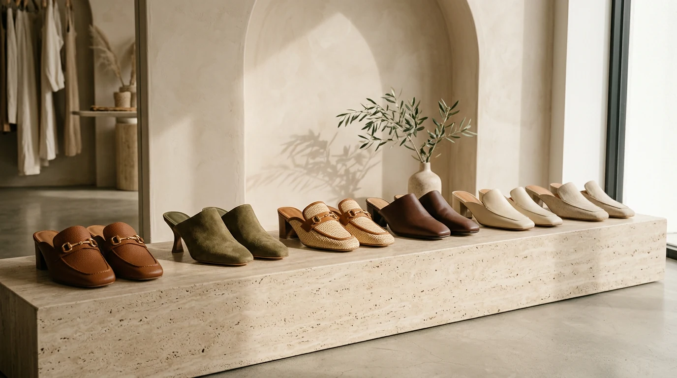 Mules cuir présentées en boutique lumineuse