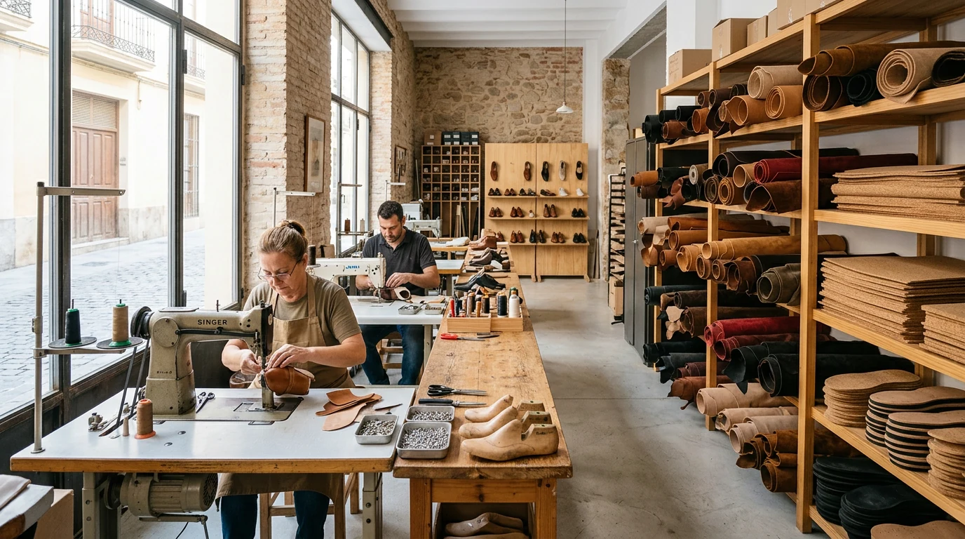 Atelier de chaussures en Espagne, cuir et machines à coudre